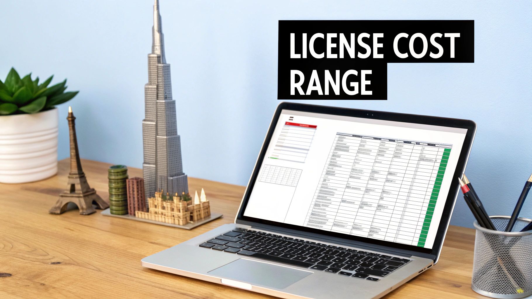 Laptop displaying a spreadsheet with 'LICENSE COST RANGE' text, surrounded by miniature city landmarks on a wooden desk.