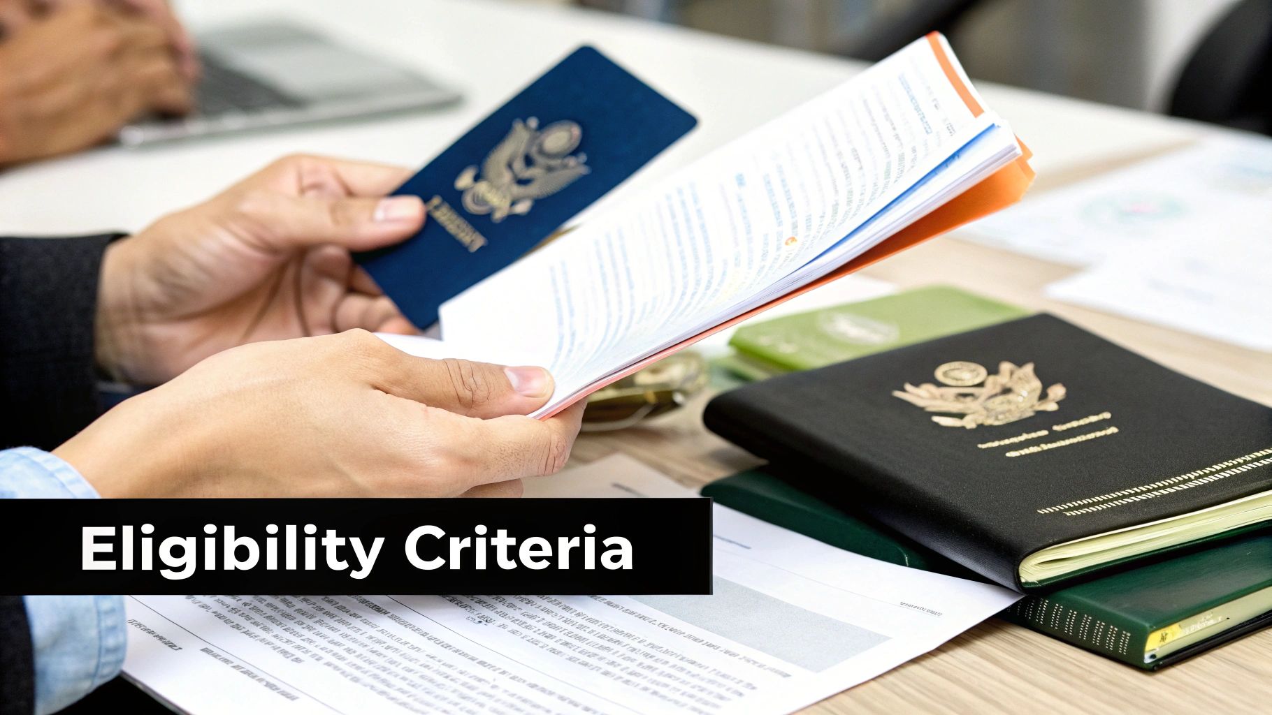 A close-up of important documents like passports and marriage certificates being organized for a visa application.