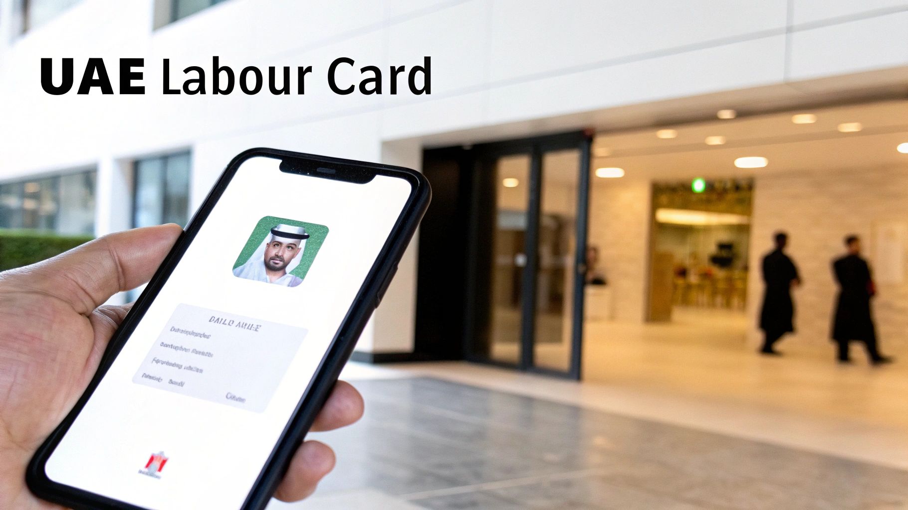 A person holding a smartphone displaying a digital UAE Labour Card with a man's photo in a building.