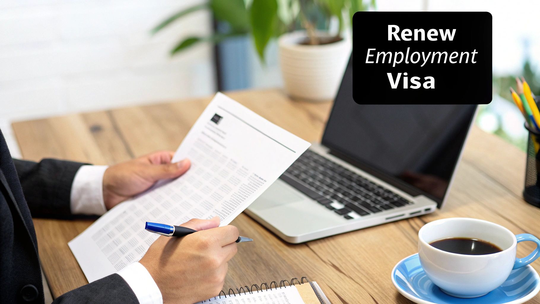 A professional reviewing visa renewal documents at a desk