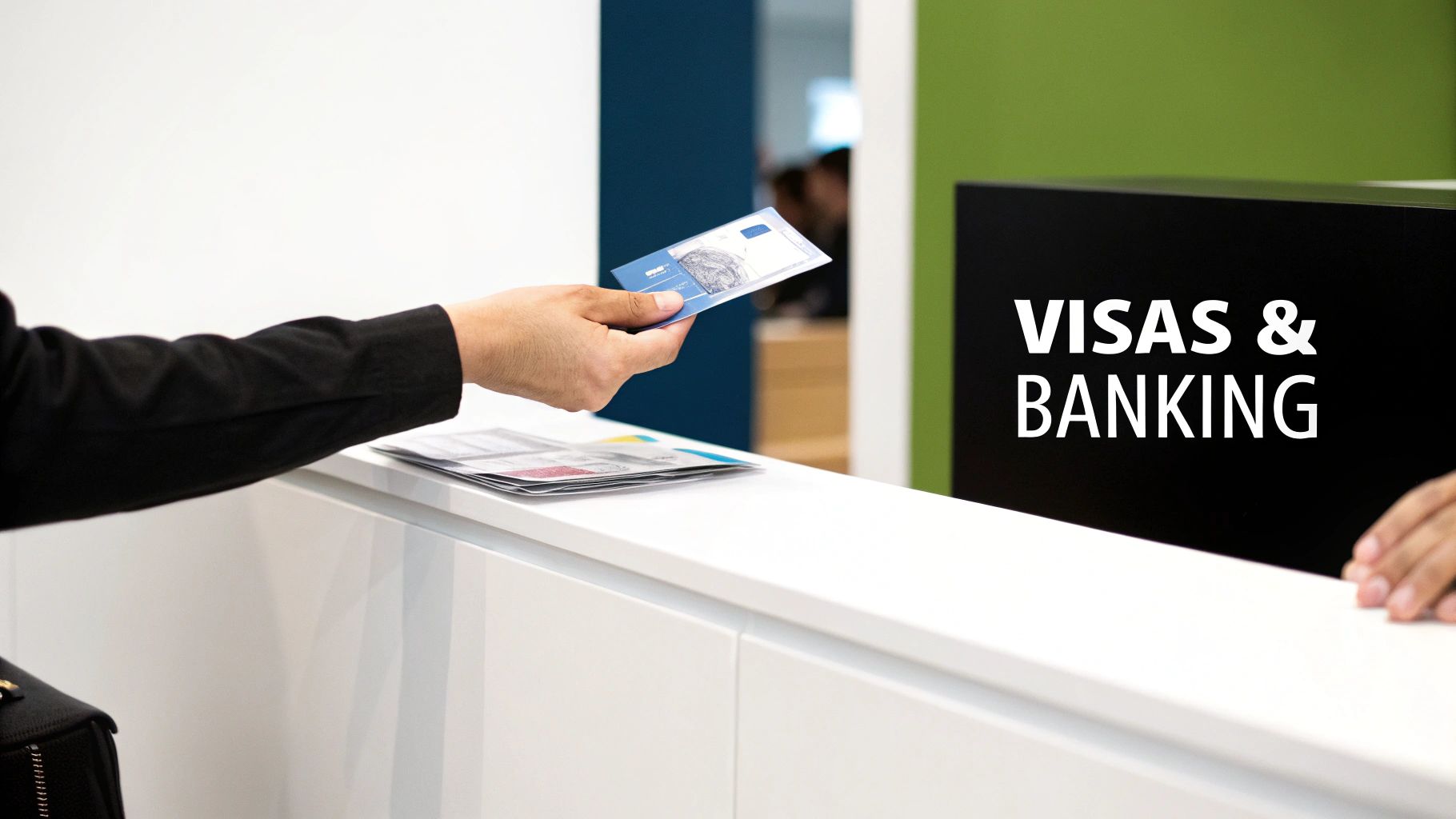 Person holding passport and documents at visa and banking service counter in Dubai