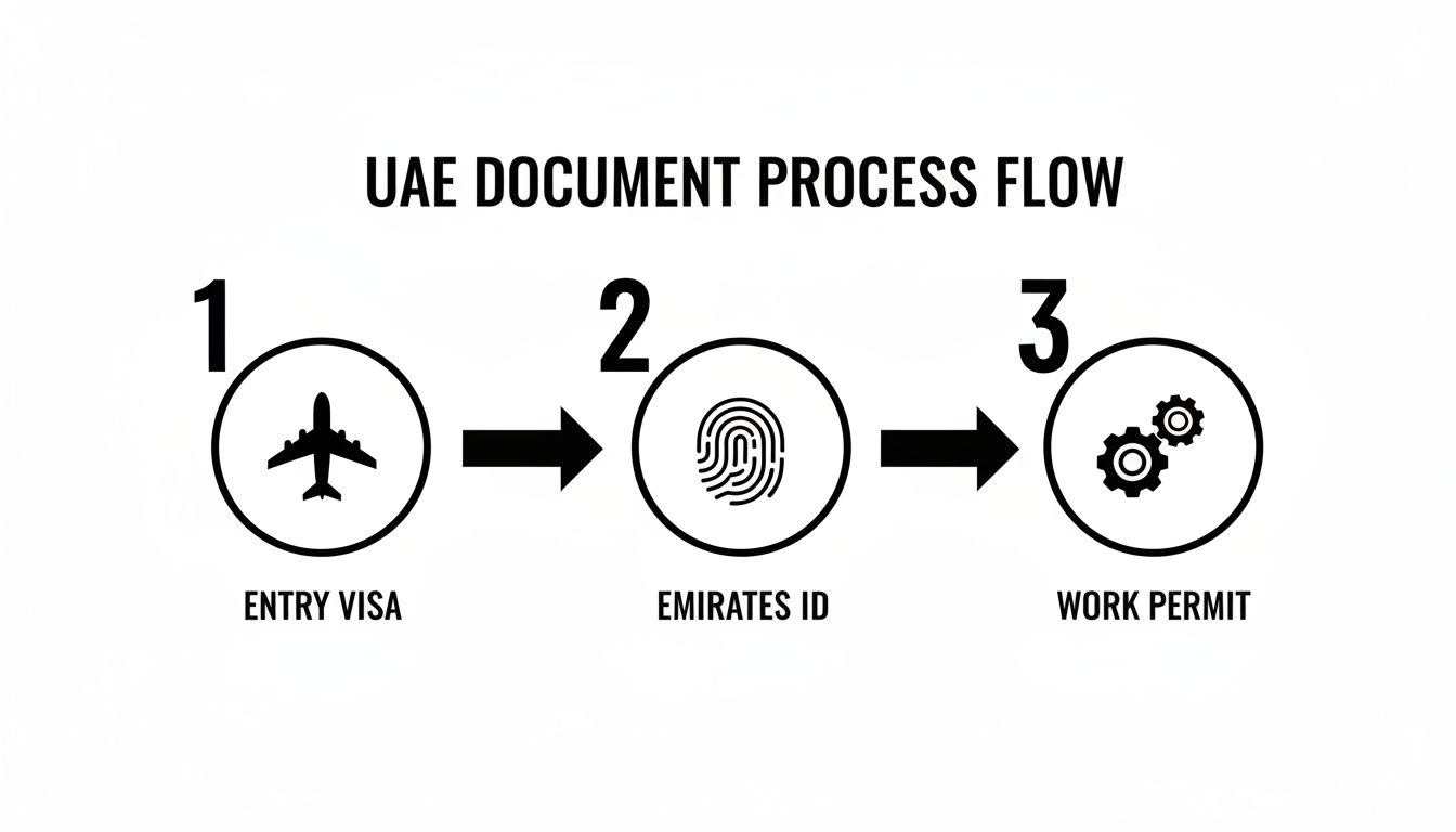 Flowchart illustrating the UAE document process: Entry Visa, Emirates ID, and Work Permit steps.