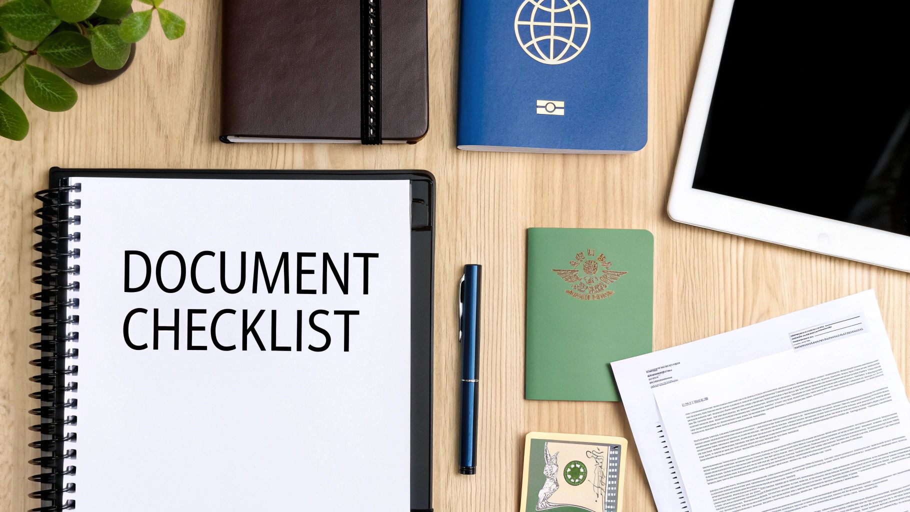 A person organising documents like passports and contracts on a wooden desk.