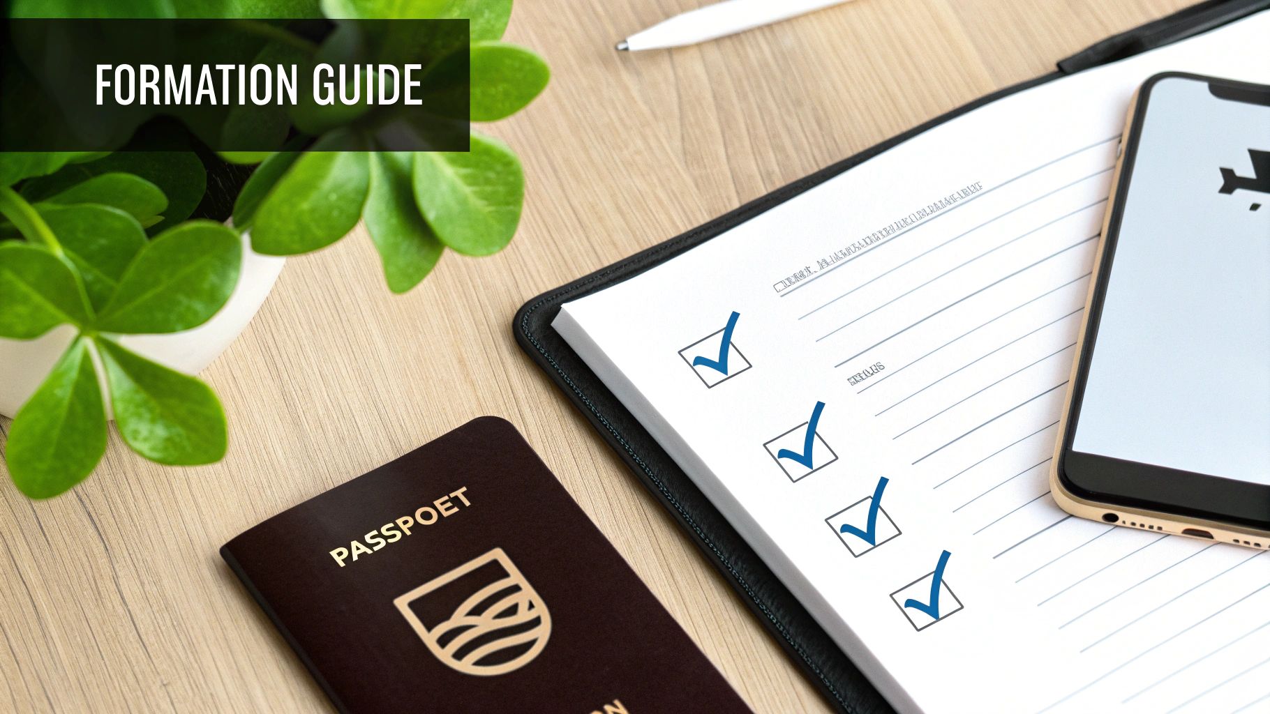 Overhead view of a desk with a passport, checklist, smartphone, and 'FORMATION GUIDE' banner.