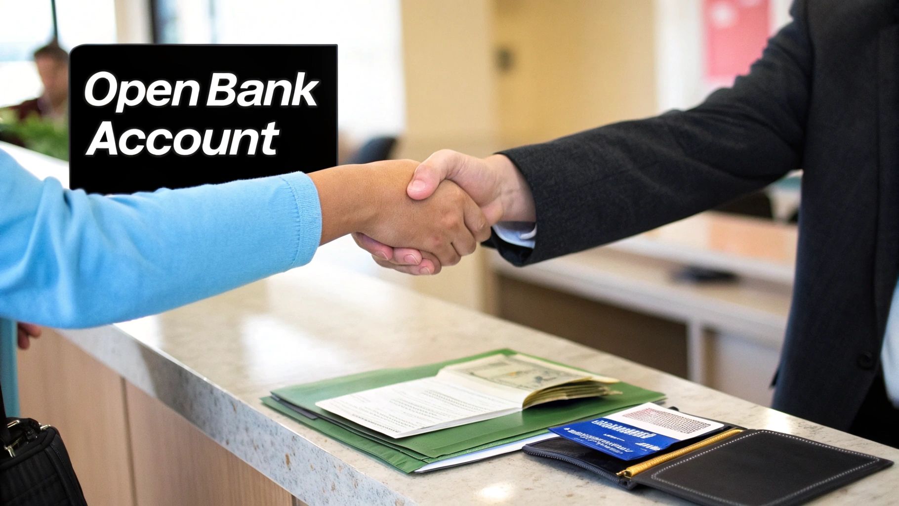 Two people shaking hands over a counter, with an 'Open Bank Account' sign and financial documents.