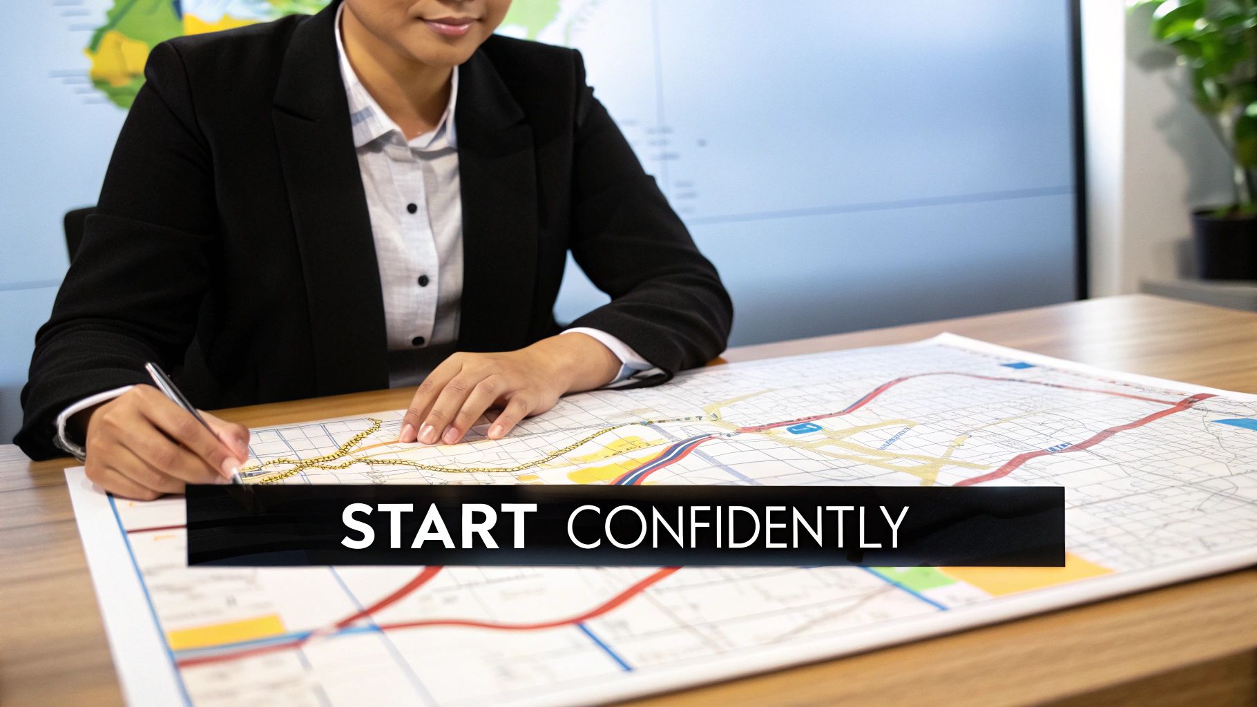 A professional businessperson reviewing documents on a tablet in a modern office setting, signifying preparation for an account opening.