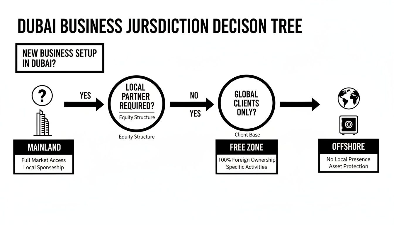 Dubai business jurisdiction decision tree showing options for new business setup based on local partner and client base.