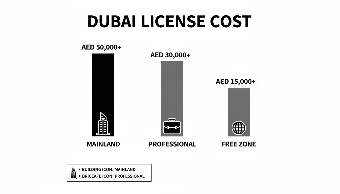 Bar chart detailing Dubai license costs for Mainland, Professional, and Free Zone businesses.
