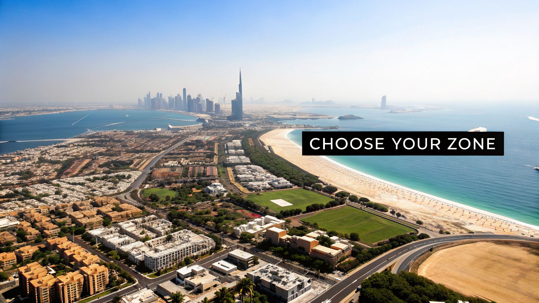Aerial view of Dubai cityscape with Burj Khalifa, a long sandy beach, clear blue sea, and text overlay.