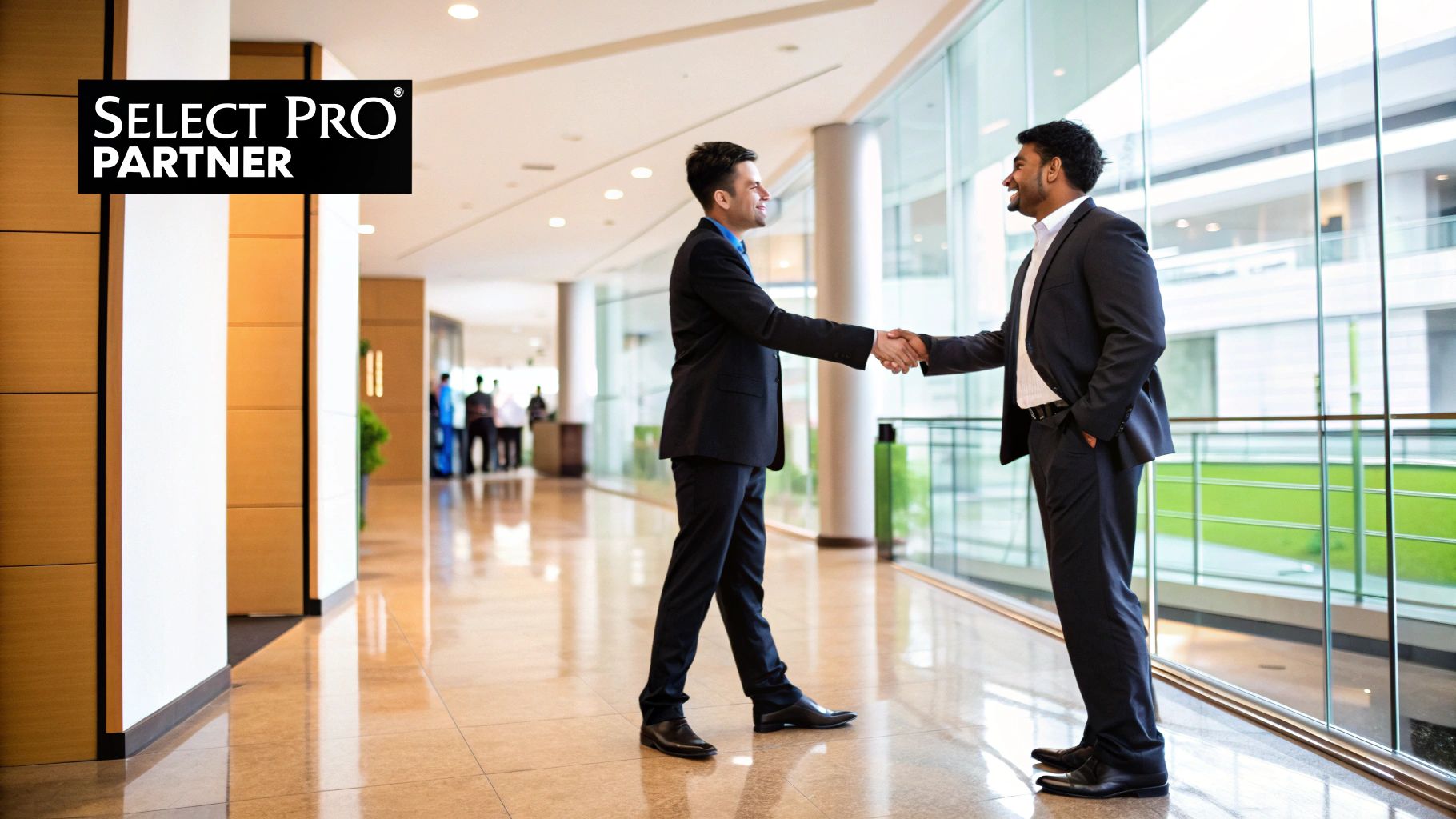 A business professional shaking hands with a PRO services consultant in a modern Dubai office setting