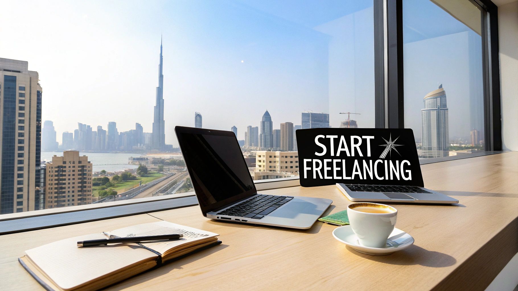 Modern Dubai skyline with futuristic architecture and clear blue skies, representing business opportunities