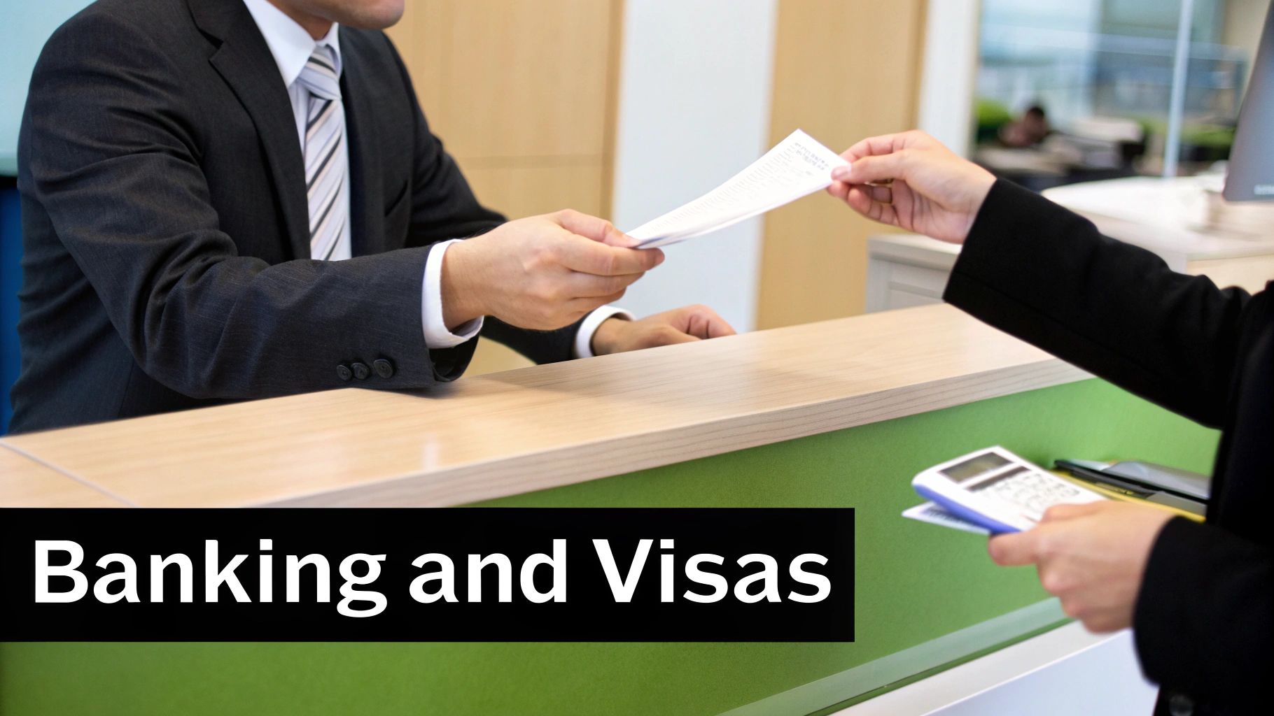 A man in a suit hands documents to a person at a bank counter, highlighting banking and visa services.