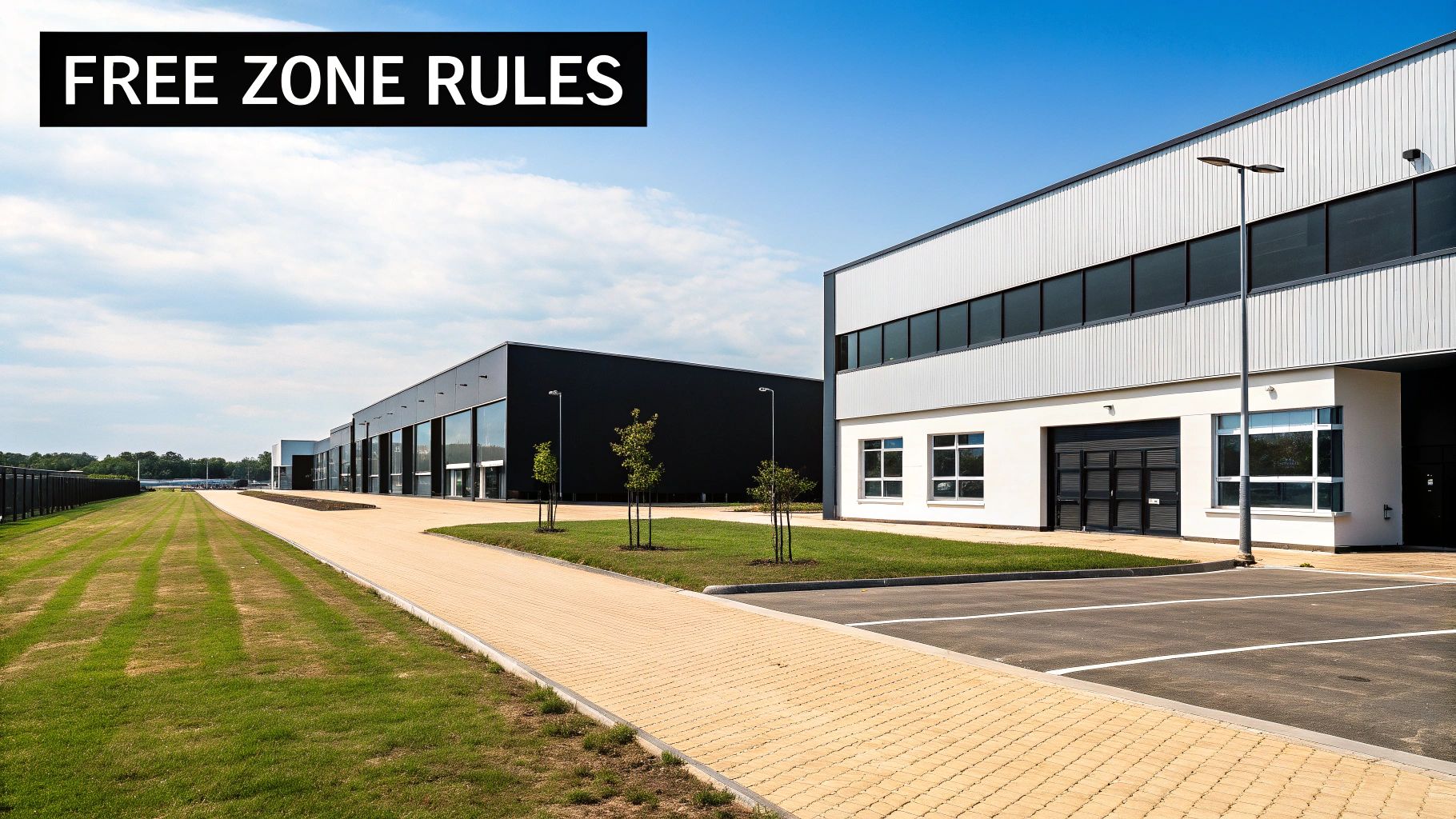 Modern industrial buildings and a paved road in a free zone under a blue sky.