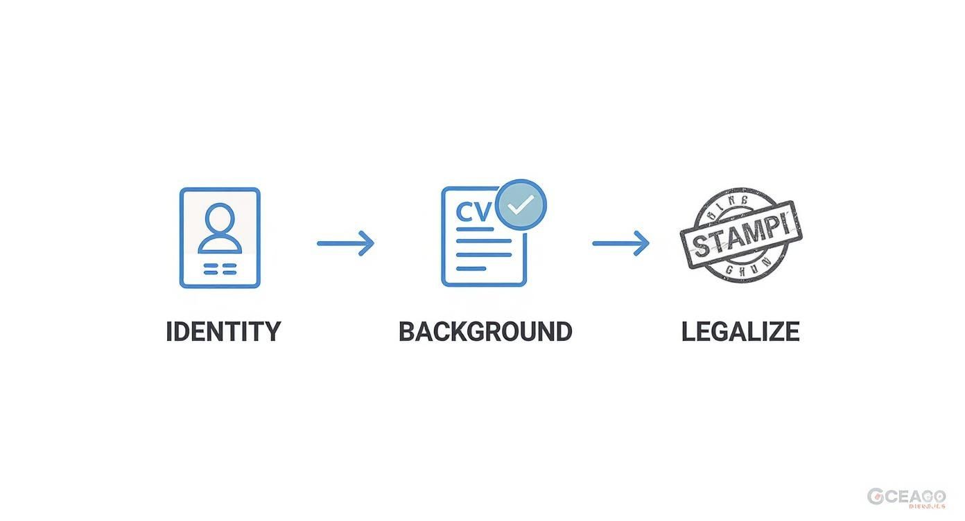 A flowchart showing three steps: identity verification, background check, and document legalization.