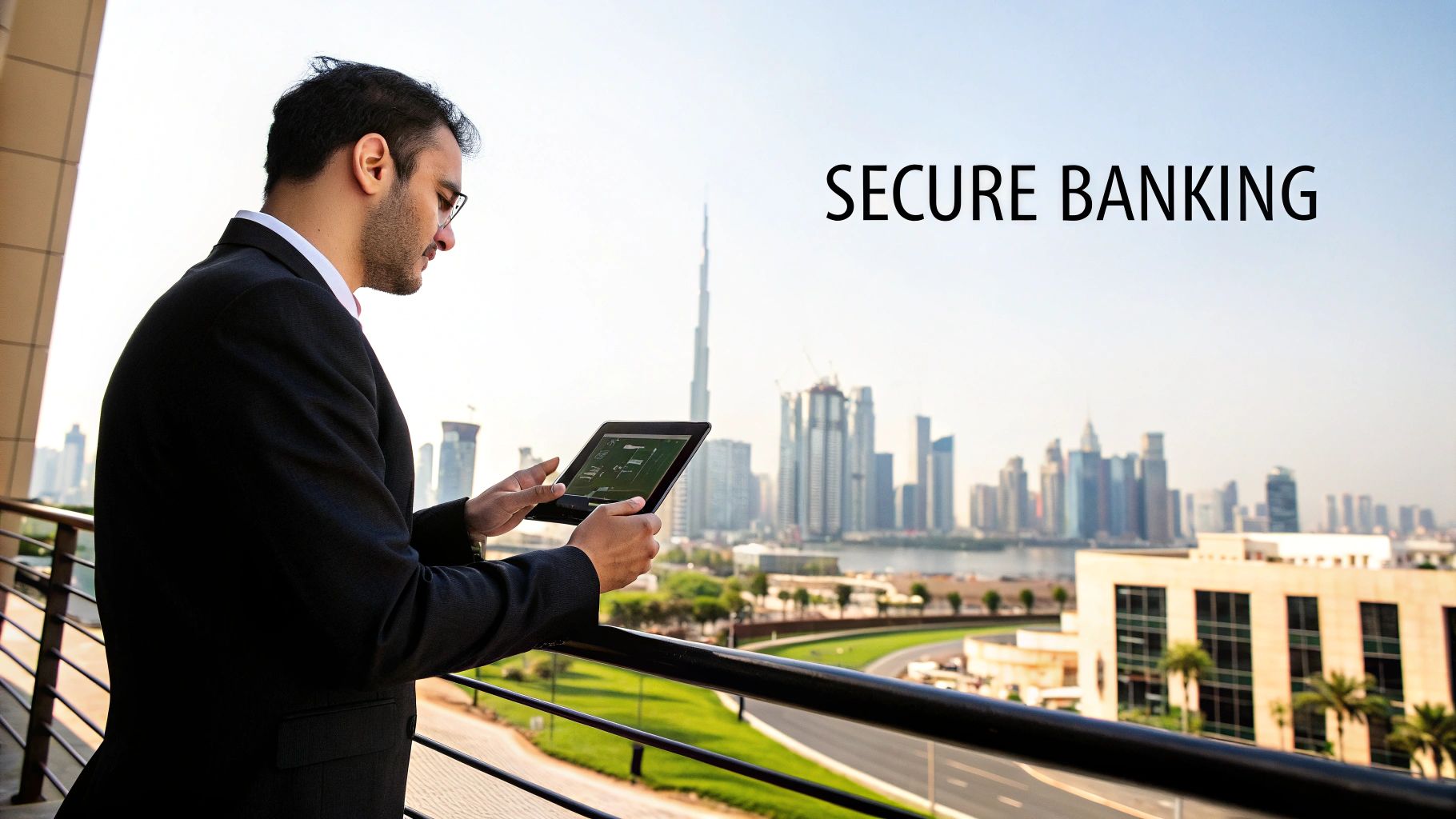 Man in suit on a balcony with a tablet, overlooking Dubai skyline and Burj Khalifa, secure banking.