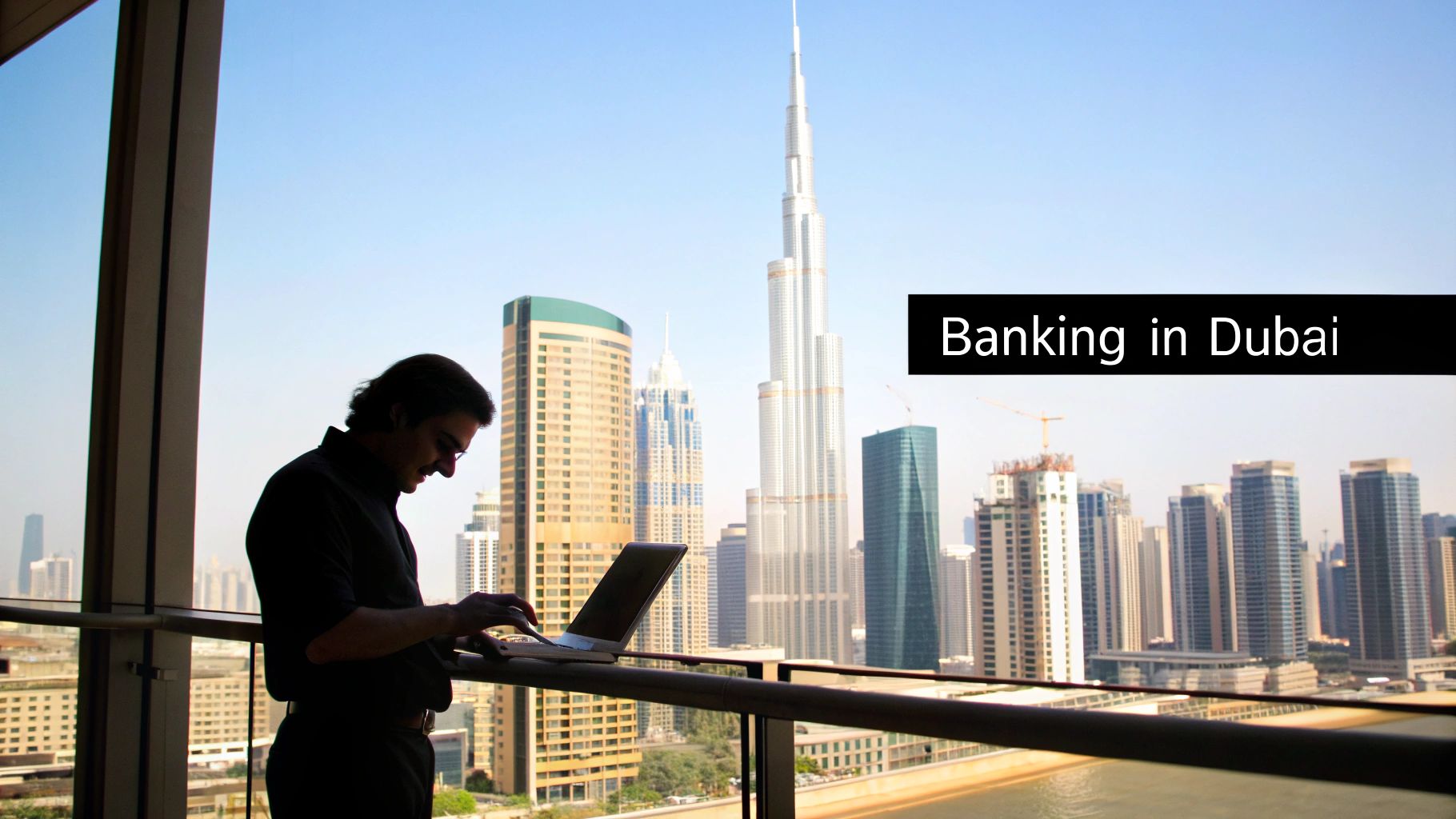 Silhouette of a man on a laptop overlooking the iconic Dubai skyline, including the Burj Khalifa.