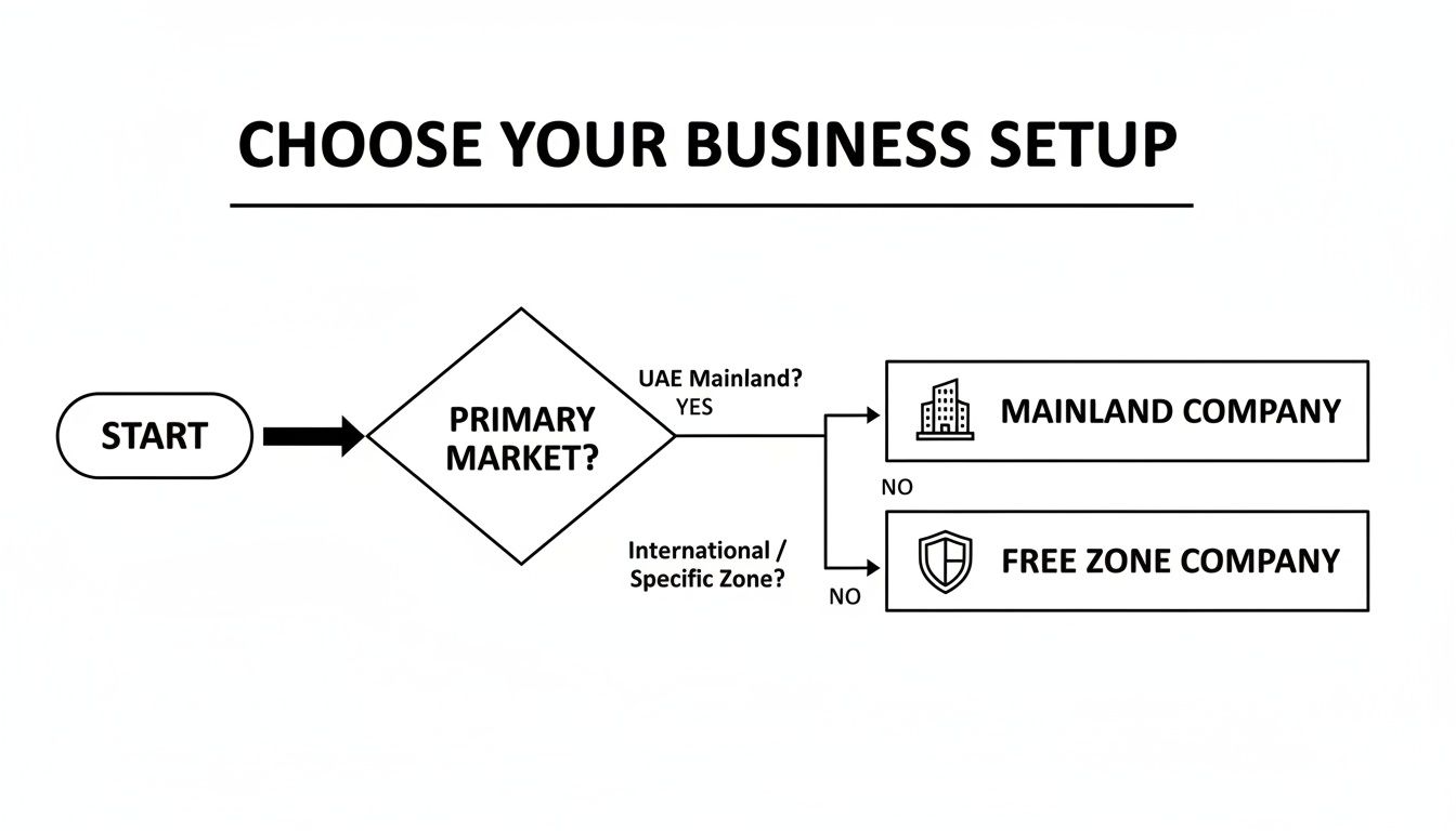 Flowchart illustrating business setup options in UAE: Mainland Company for UAE market, Free Zone for international.