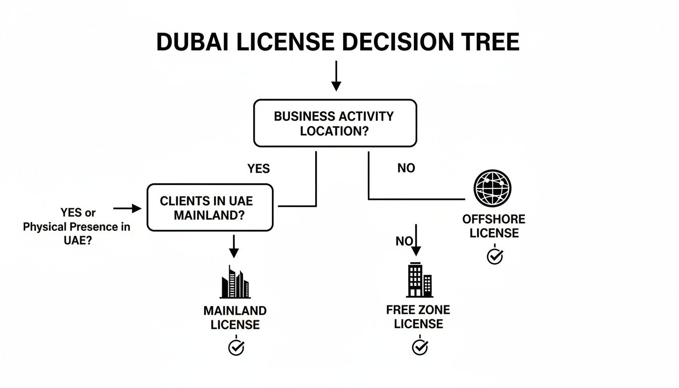 A Dubai license decision tree flowchart showing paths to Mainland, Free Zone, or Offshore licenses.
