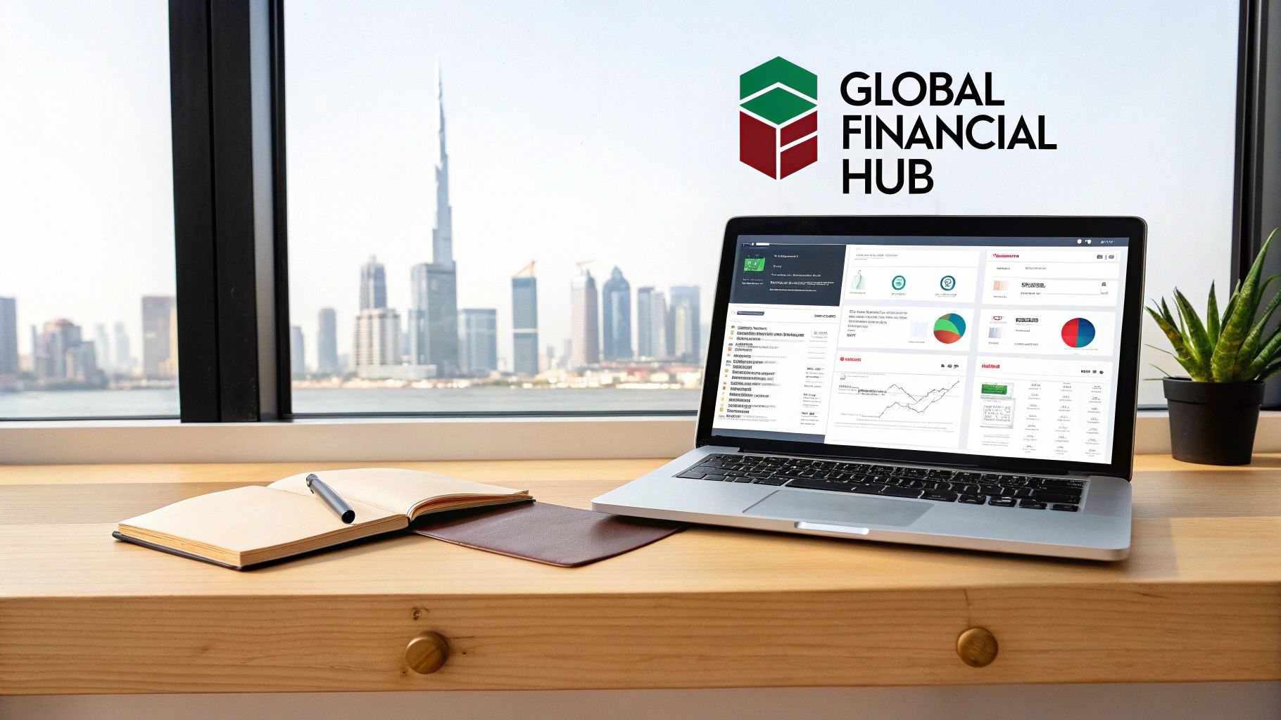 Global Financial Hub workspace overlooking Dubai, with a laptop showing financial analysis.