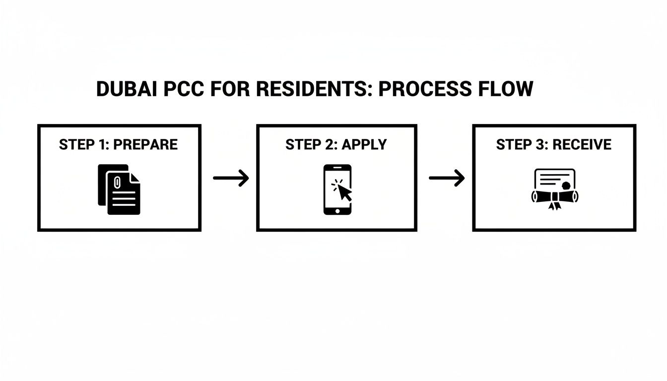 Process flow diagram illustrating three steps for Dubai Police Clearance Certificate for residents: Prepare, Apply, and Receive.