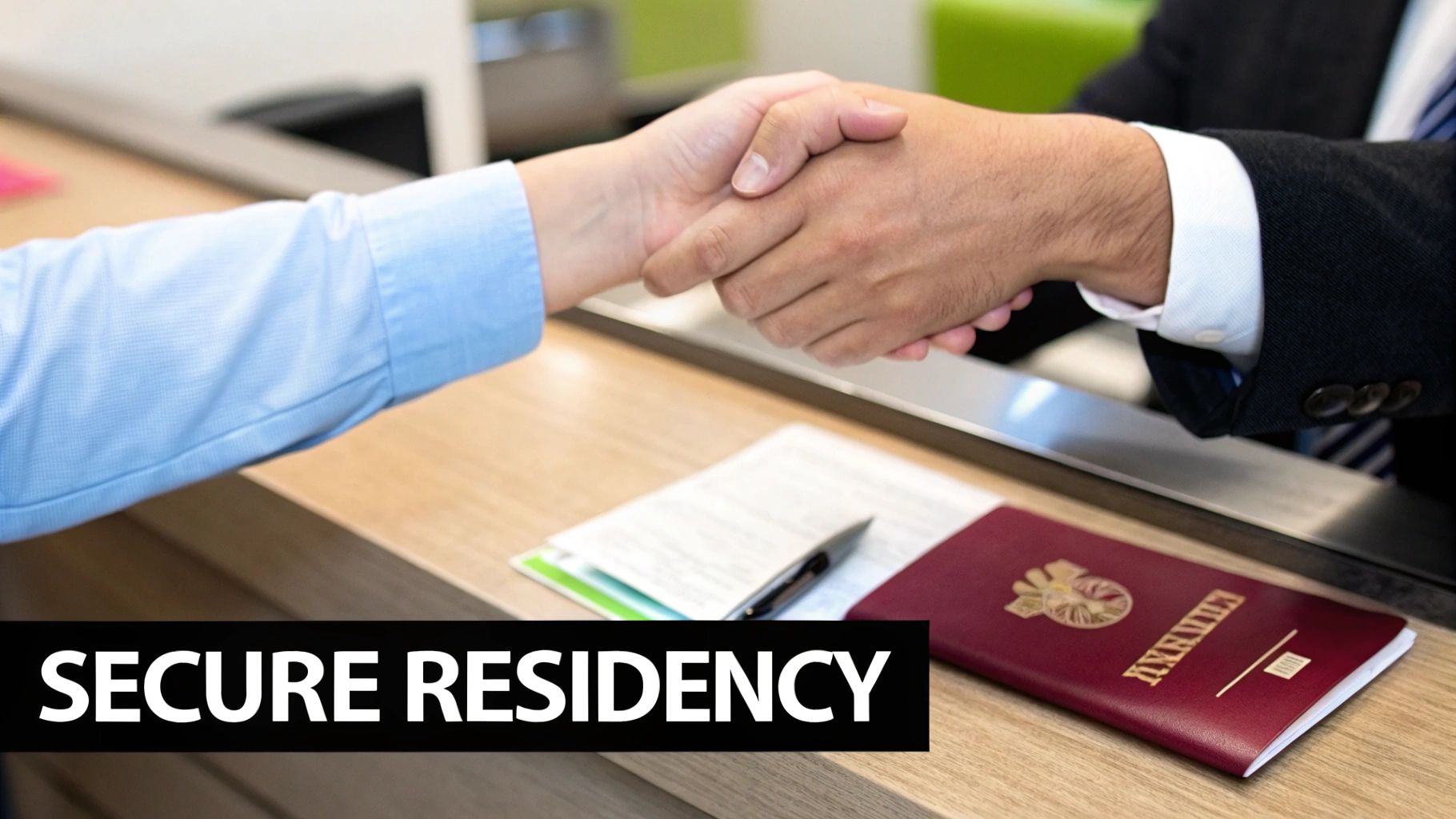 Two individuals shake hands over a counter with a passport and documents, signifying secure residency.