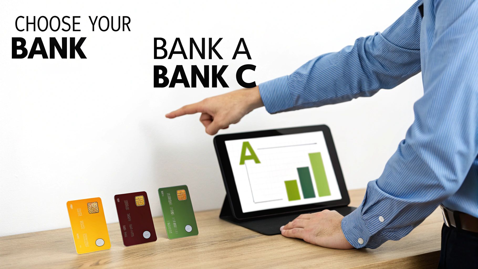 A person points at a tablet showing bank data, next to credit cards and 'CHOOSE YOUR BANK' text.