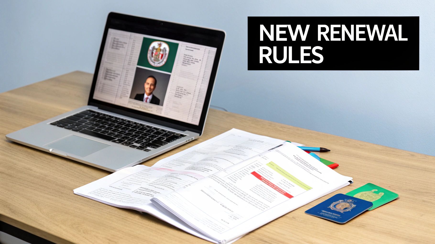 Office desk with a laptop displaying an official document, papers, cards, and 'NEW RENEWAL RULES' text.