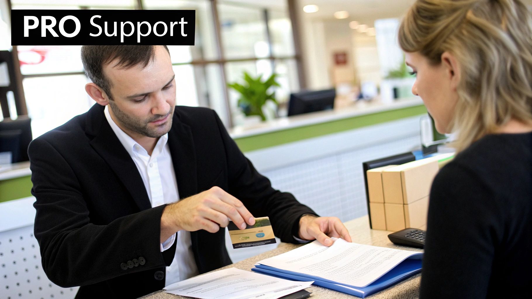 A man in a suit helps a woman with documents, holding a card, at a service desk.