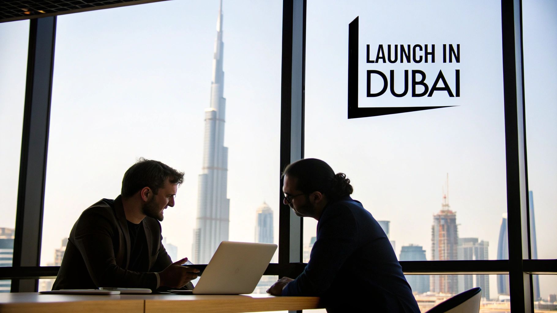 A modern cityscape of Dubai's business district with impressive skyscrapers