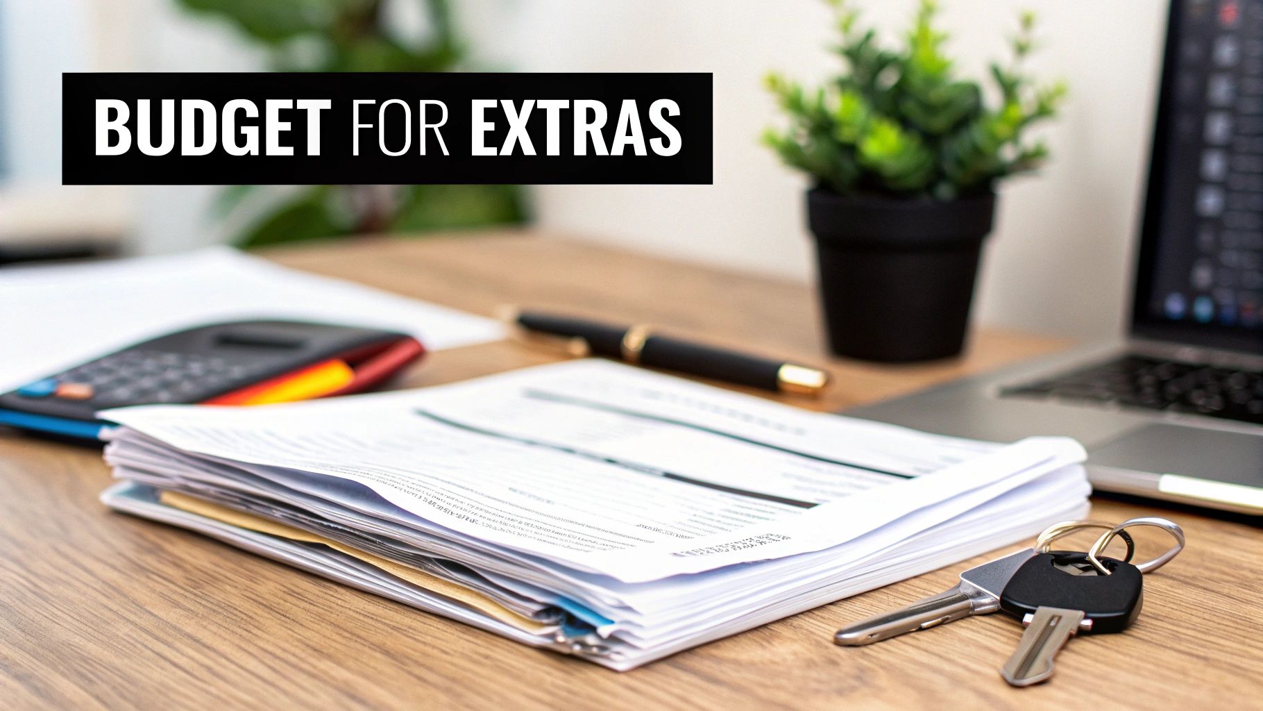 A desk with documents, calculator, pen, laptop, and keys, with a text overlay 'BUDGET FOR EXTRAS'.