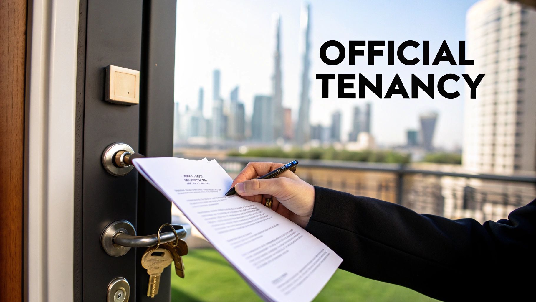 A person signs an official tenancy agreement document with keys on a doorknob, overlooking a city skyline.