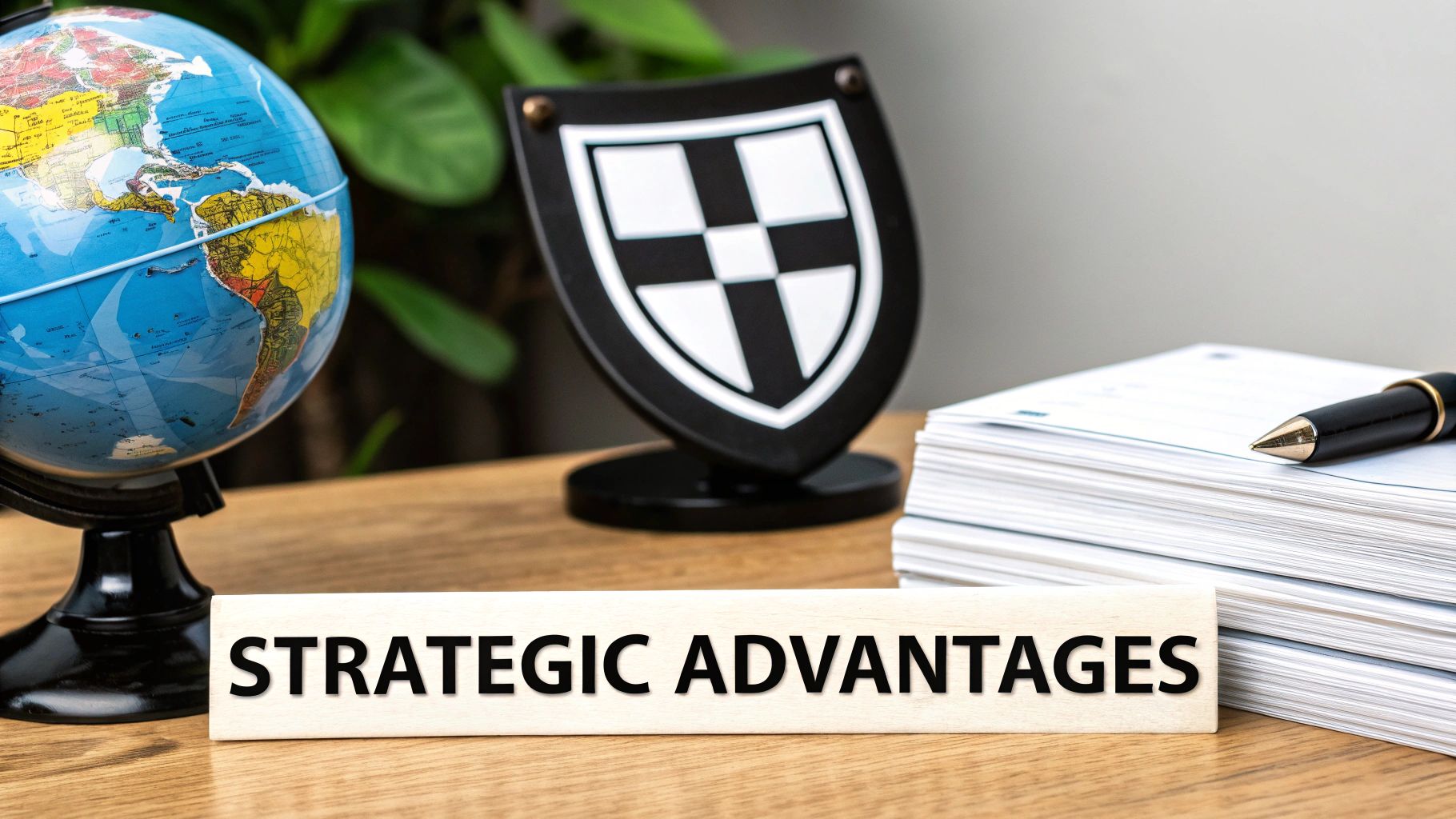 A wooden block displaying 'STRATEGIC ADVANTAGES' on a desk with a globe and shield.