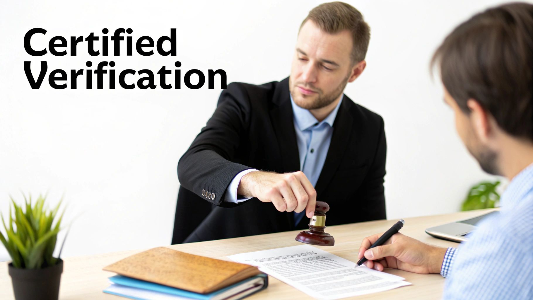 A man in a suit stamps a document while another man signs it, representing certified verification.