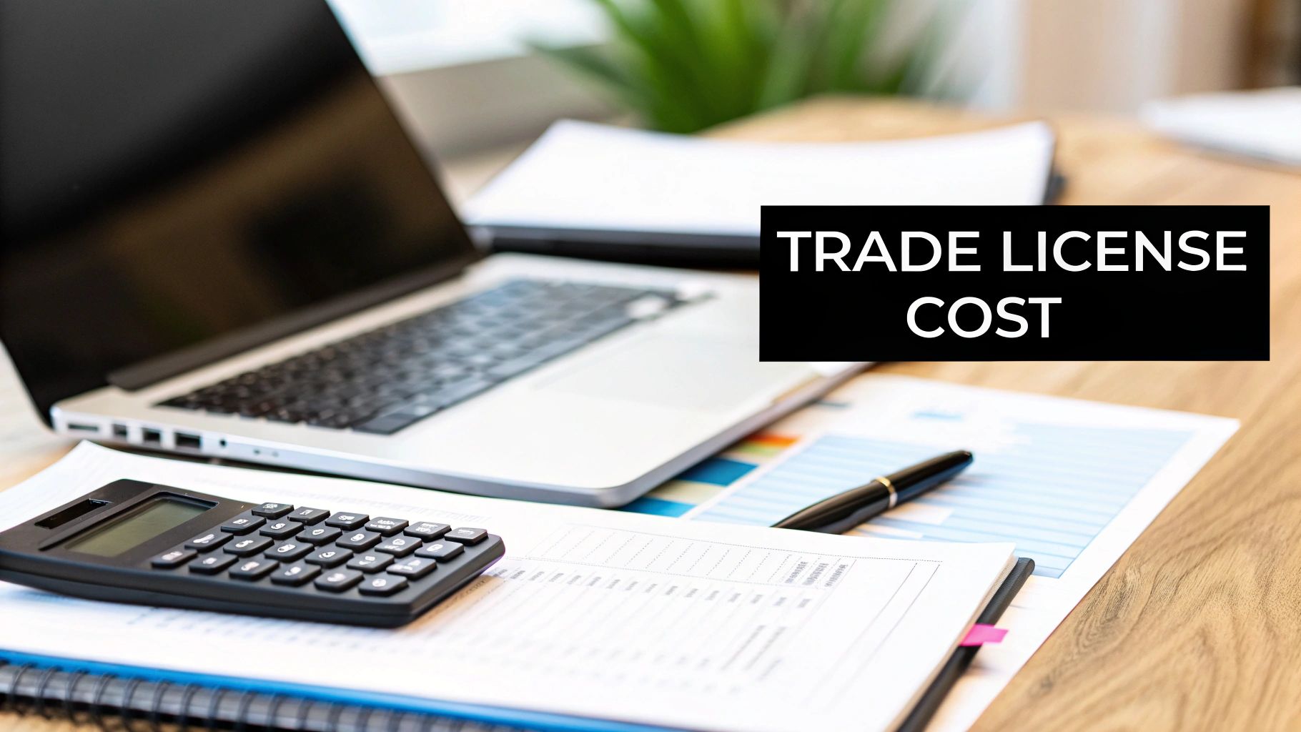 A business workspace with a laptop, calculator, financial documents, and 'TRADE LICENSE COST' text.