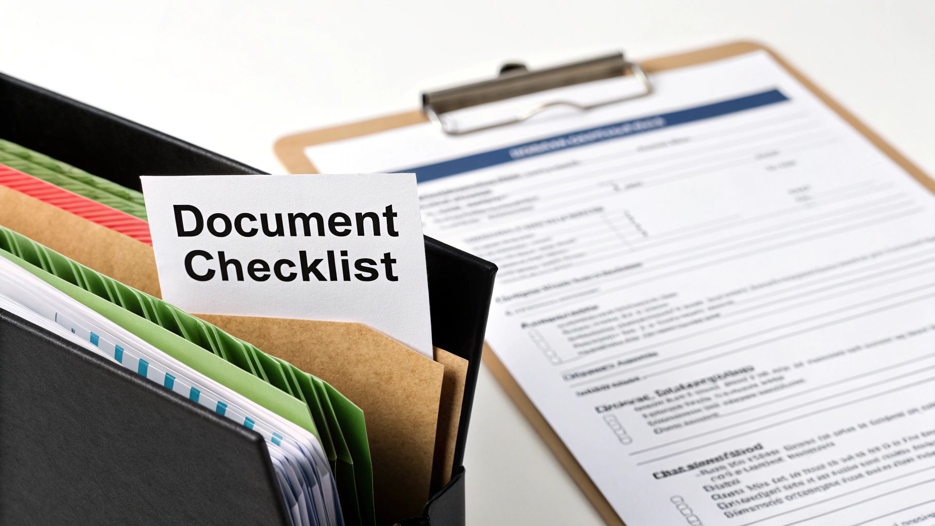 Document checklist card in file organizer with clipboard and forms on desk