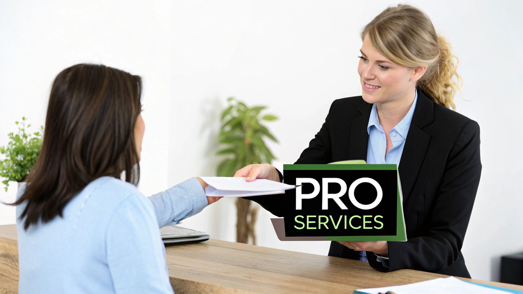 A smiling businesswoman hands a 'PRO SERVICES' folder to a client across a desk, exchanging documents.
