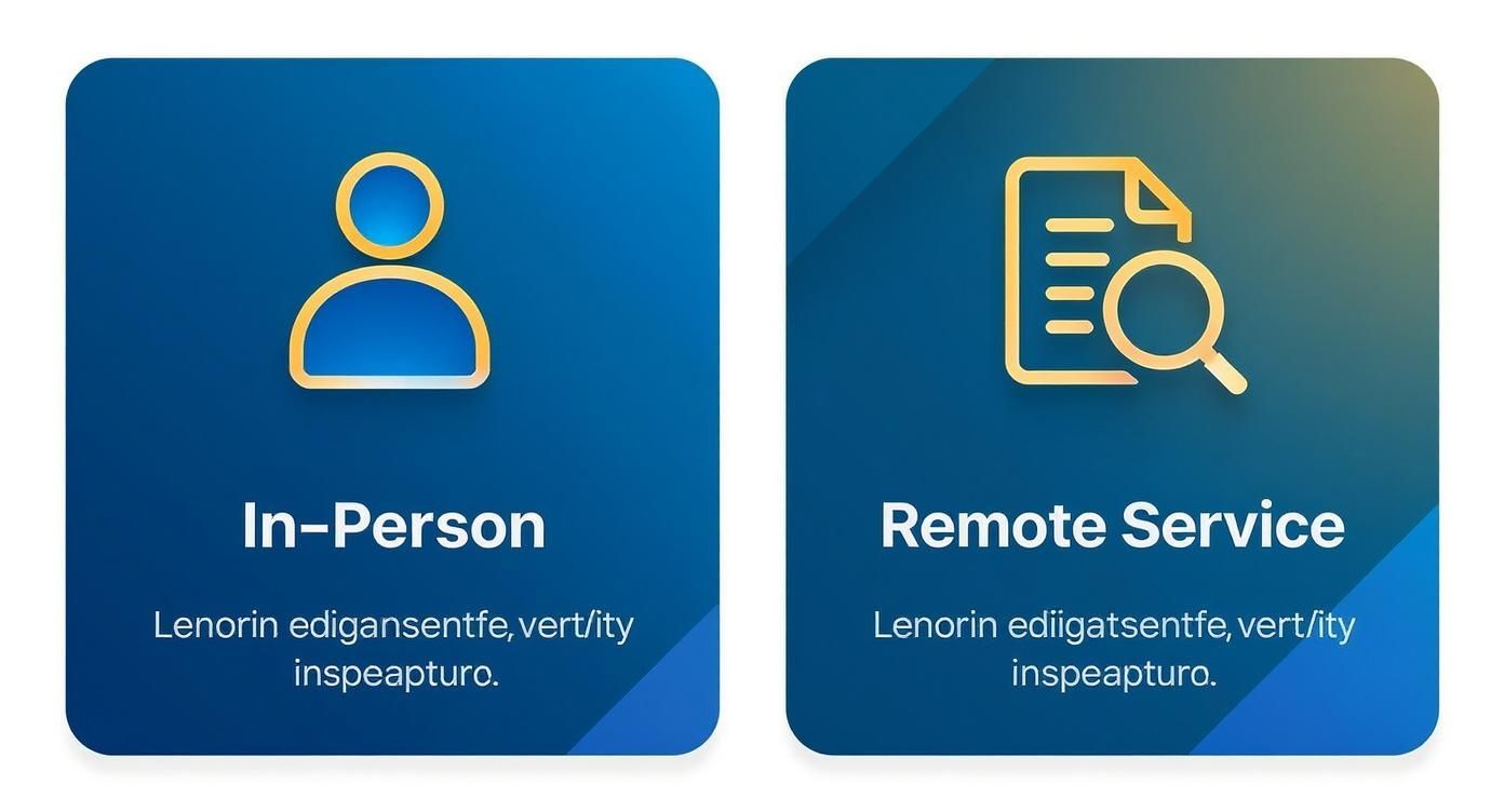 Two blue cards with golden icons illustrating 'In-Person' and 'Remote Service' options.