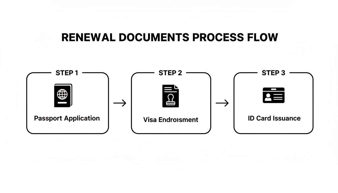 Process flow for renewing documents, including passport application, visa endorsement, and ID card issuance.