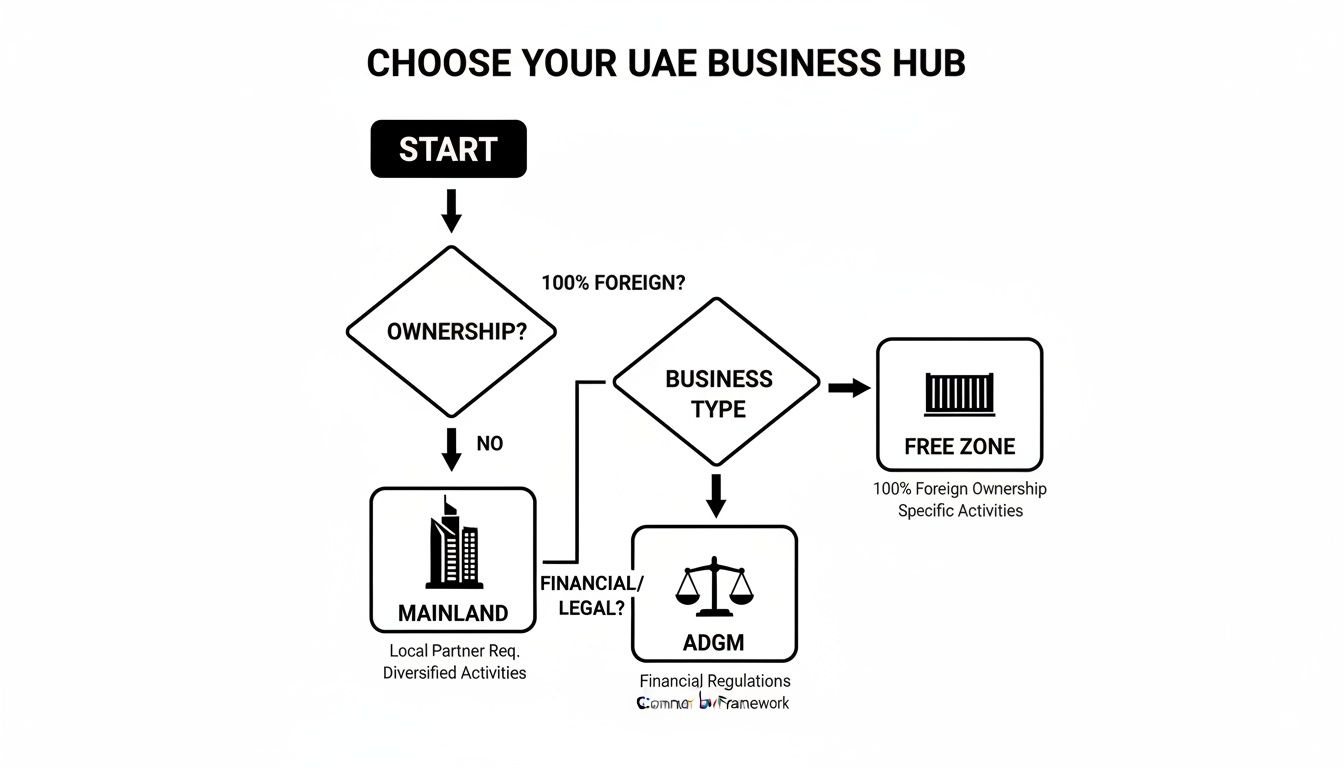 Flowchart illustrating the process of choosing a UAE business hub based on ownership and business type.