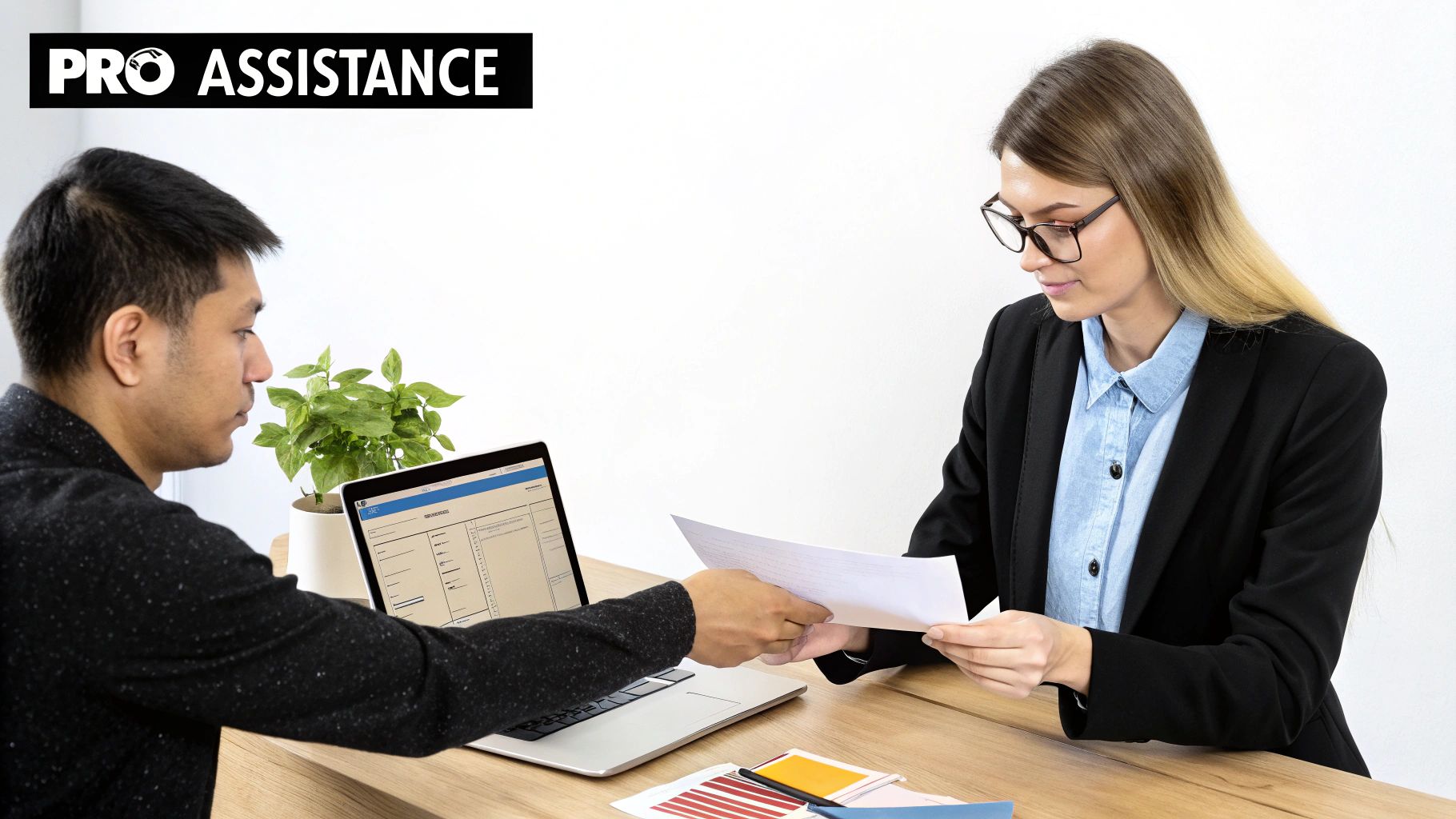 A man hands documents to a woman across a desk in a professional business meeting.