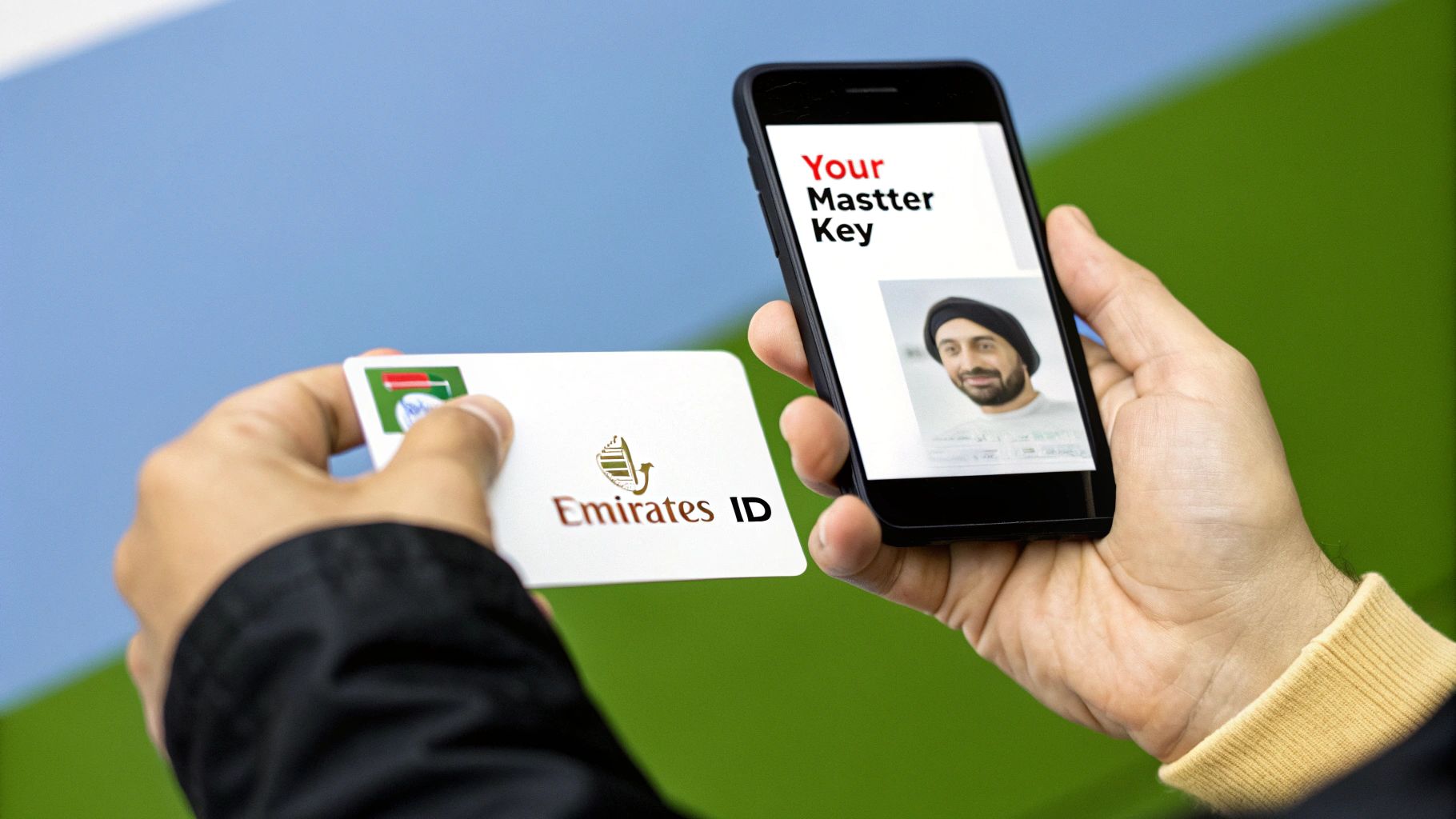 A close-up of an Emirates ID card held in someone's hand.