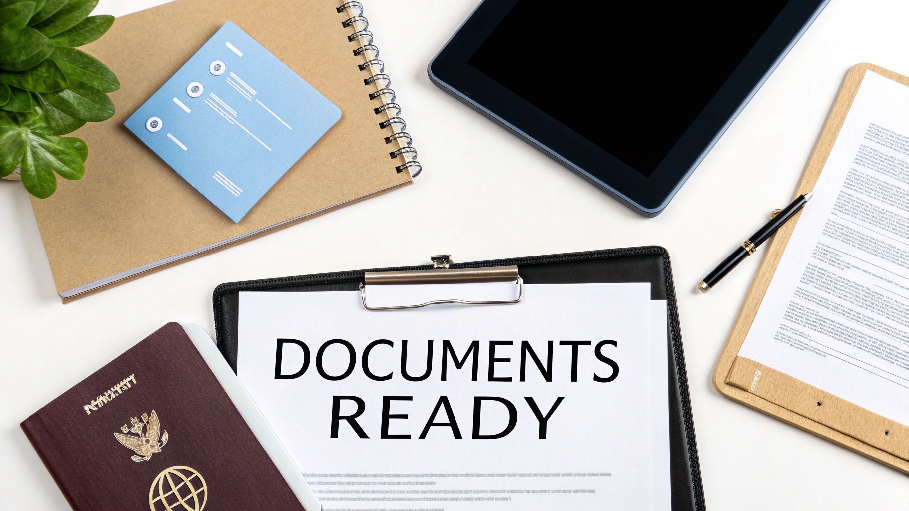 A flat lay shows a clipboard with 'DOCUMENTS READY' text, passport, notebook, tablet, and pen on a white desk.