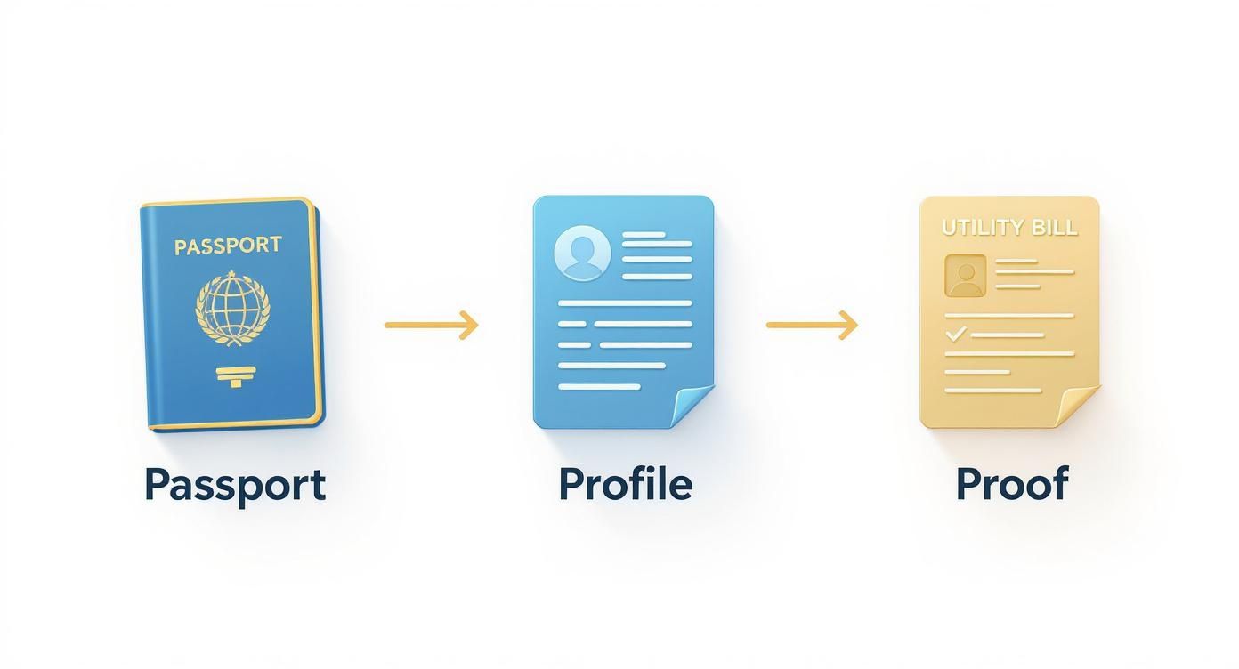 A visual flow showing a passport leading to a profile document, then to a utility bill for proof.