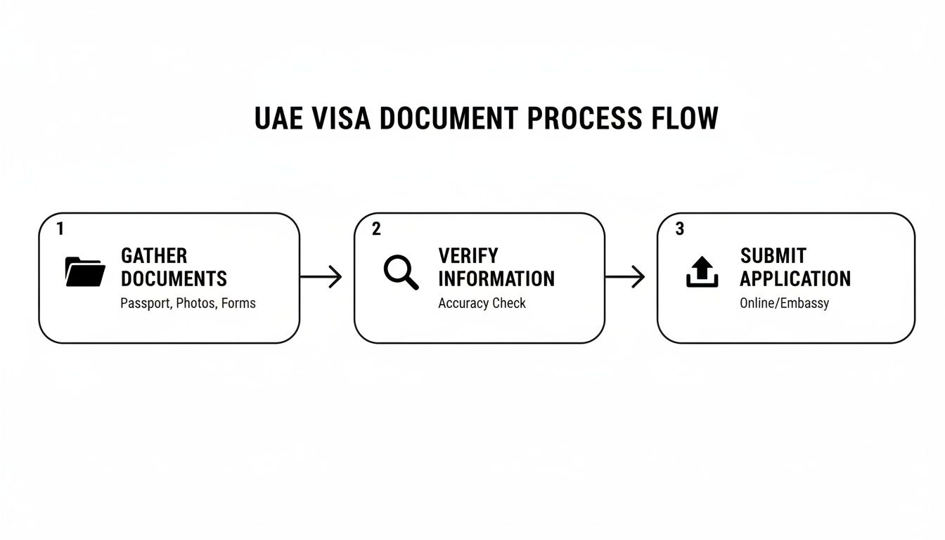 Flowchart outlining the three-step UAE visa document process: gather, verify, and submit application.