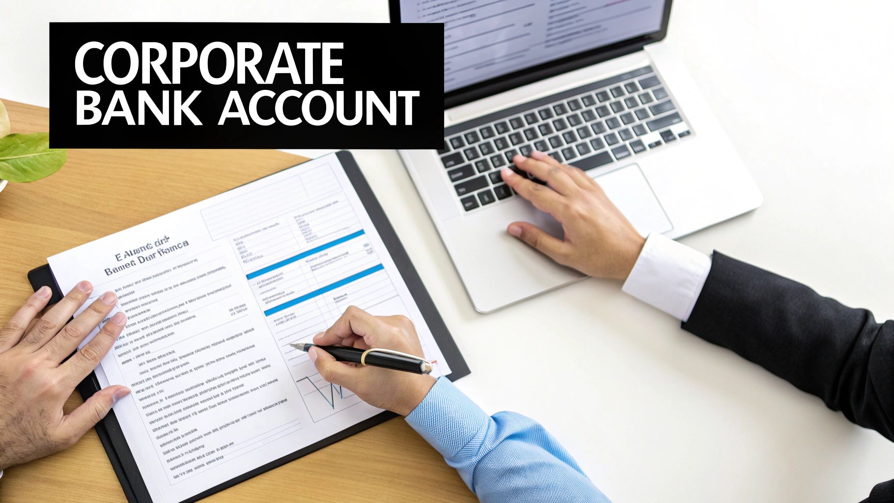 Hands typing on a laptop and writing on a document, with a 'Corporate Bank Account' banner.