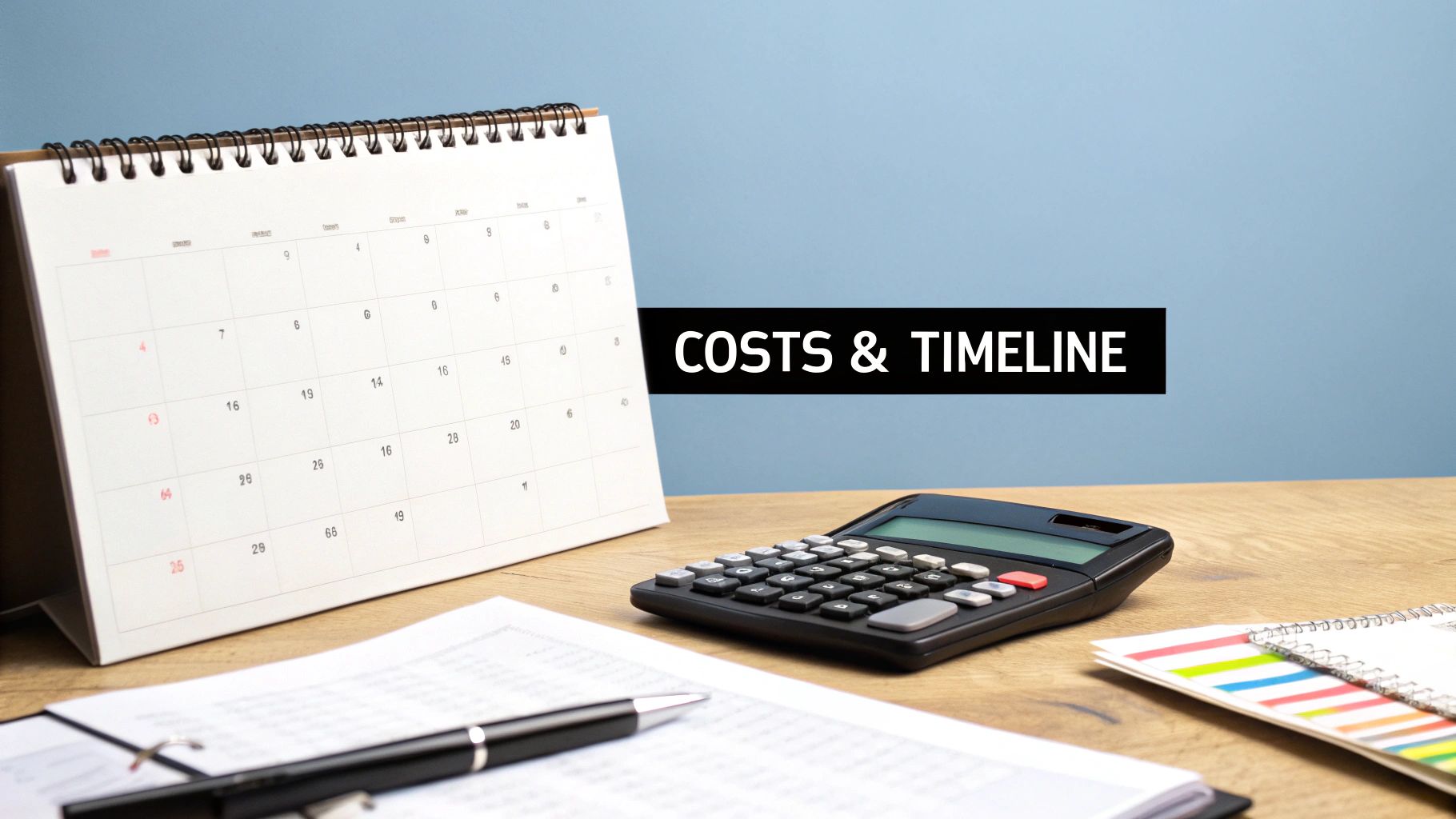 A desk with a calculator, documents, and a calendar, representing cost and timeline planning for a Dubai trade licence
