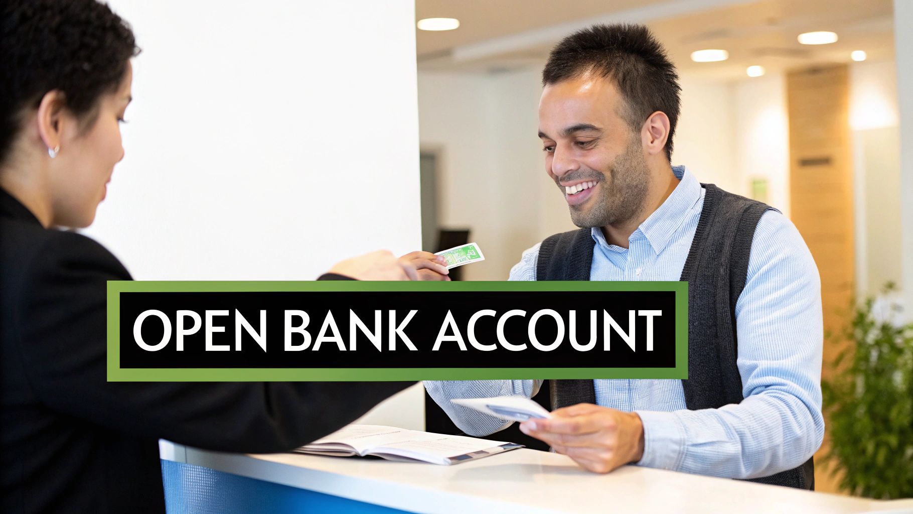 A smiling man opening a bank account, receiving documents and a card from a bank teller.