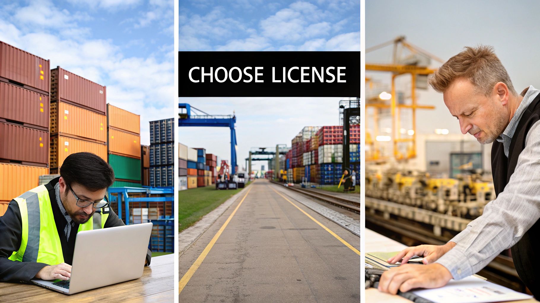 A magnifying glass hovering over different business license documents, representing the choice of license type.