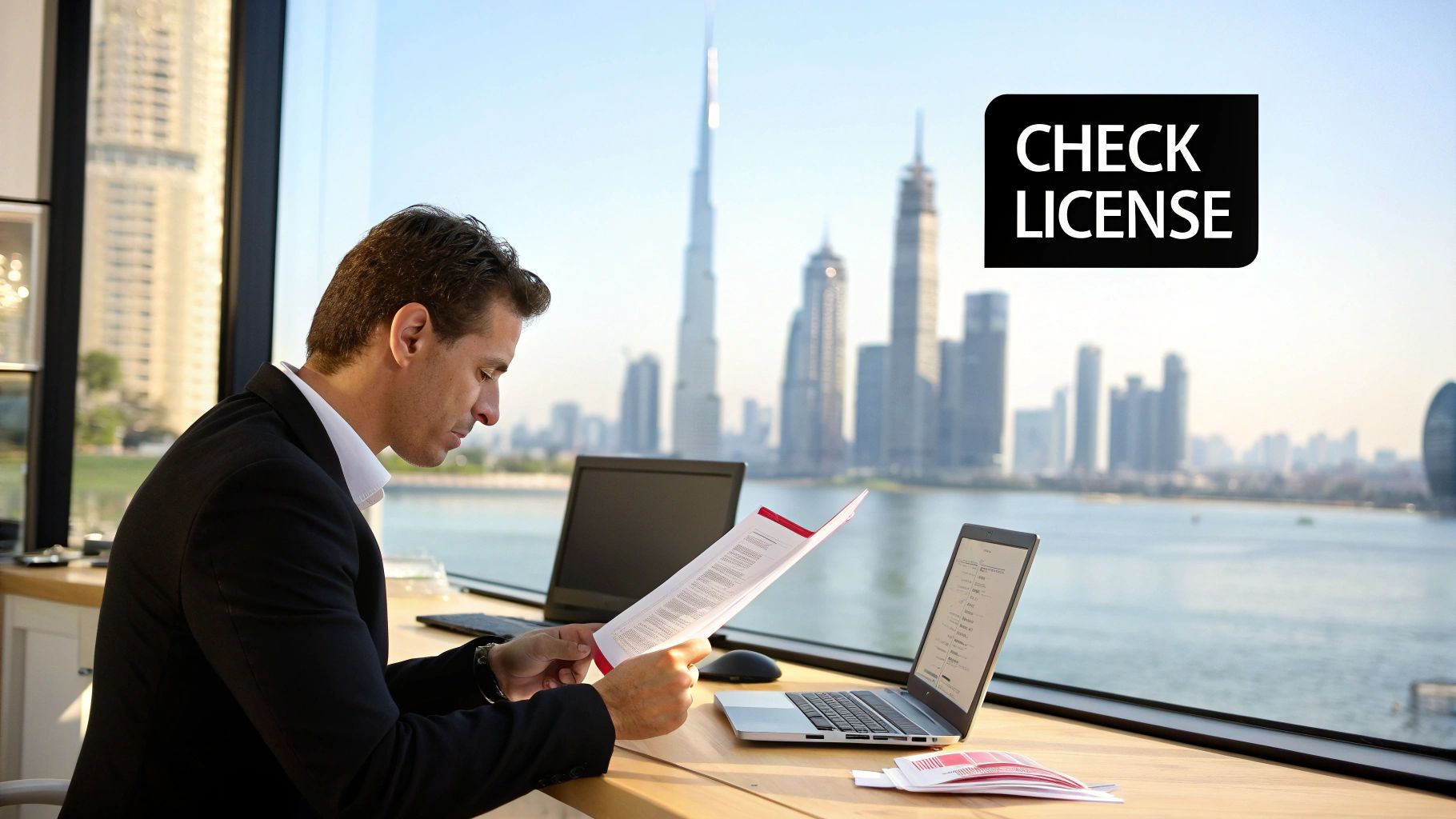 A professional man checks documents at a desk overlooking the iconic Dubai skyline.