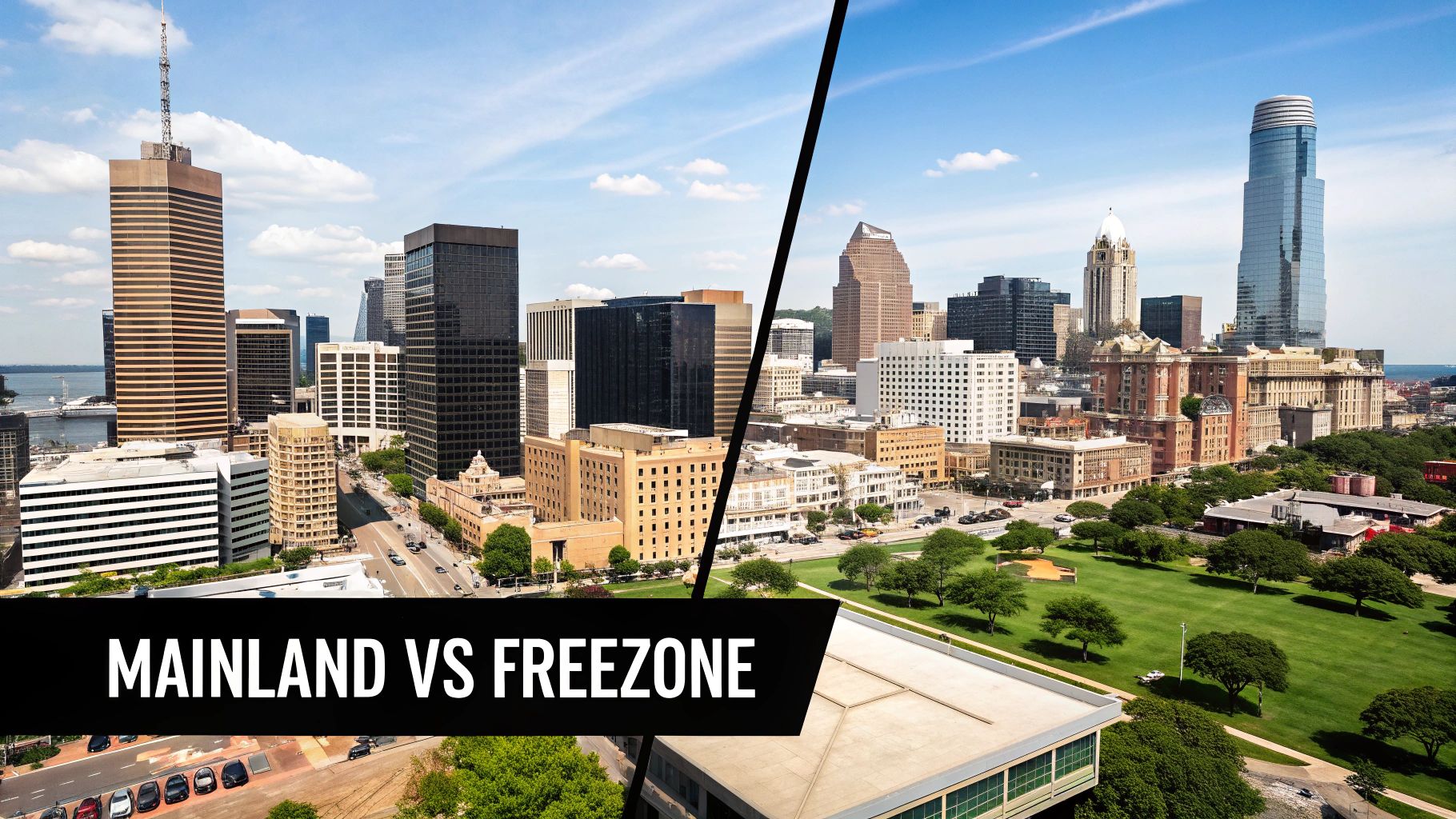 A split image showing a bustling city street representing Mainland UAE and a modern office park representing a Freezone